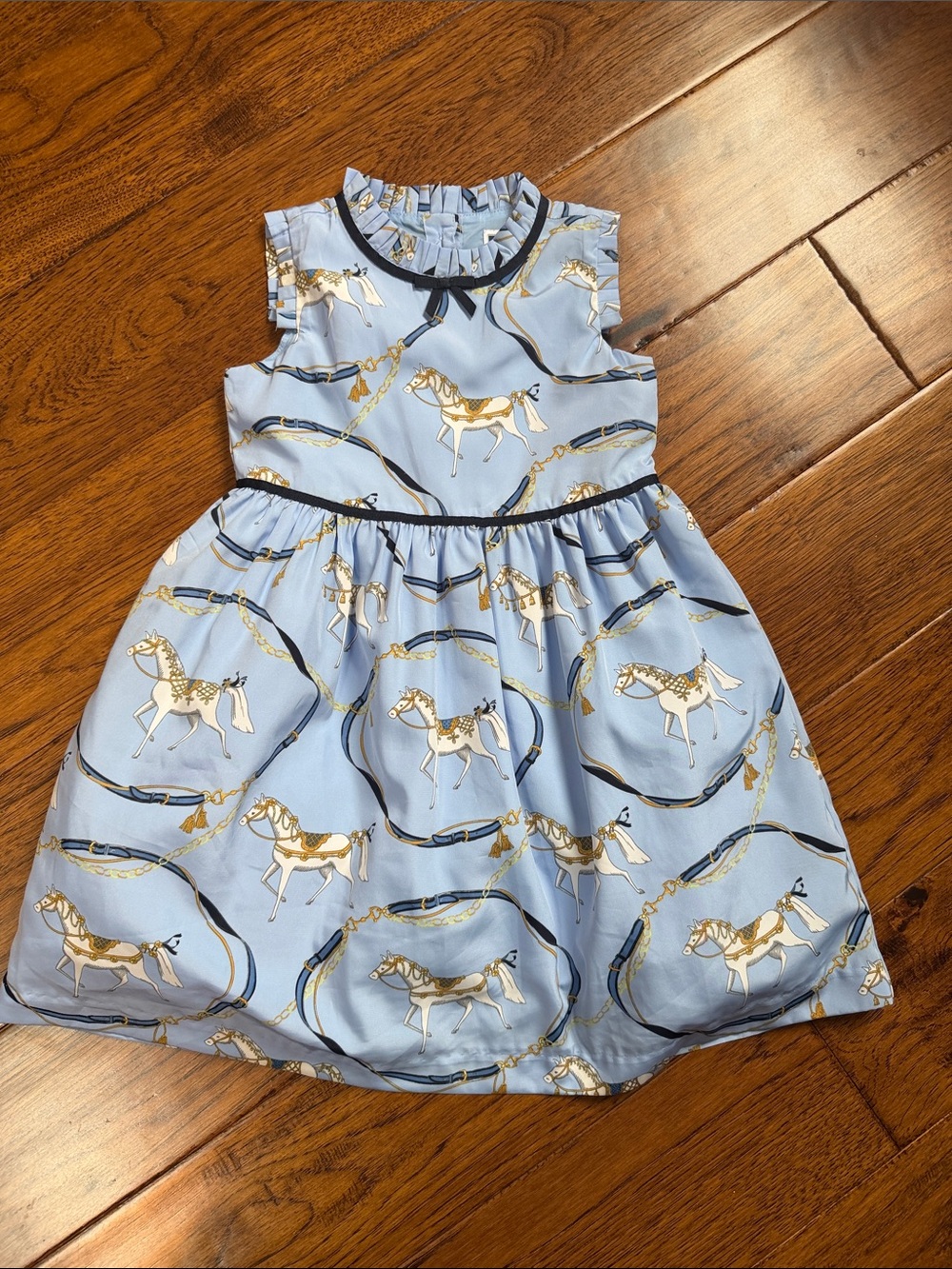 Light Blue Equestrian  Print Girls Dress with Navy Trim